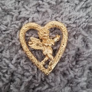 Vintage Brushed Brass Heart Cupid Brooch